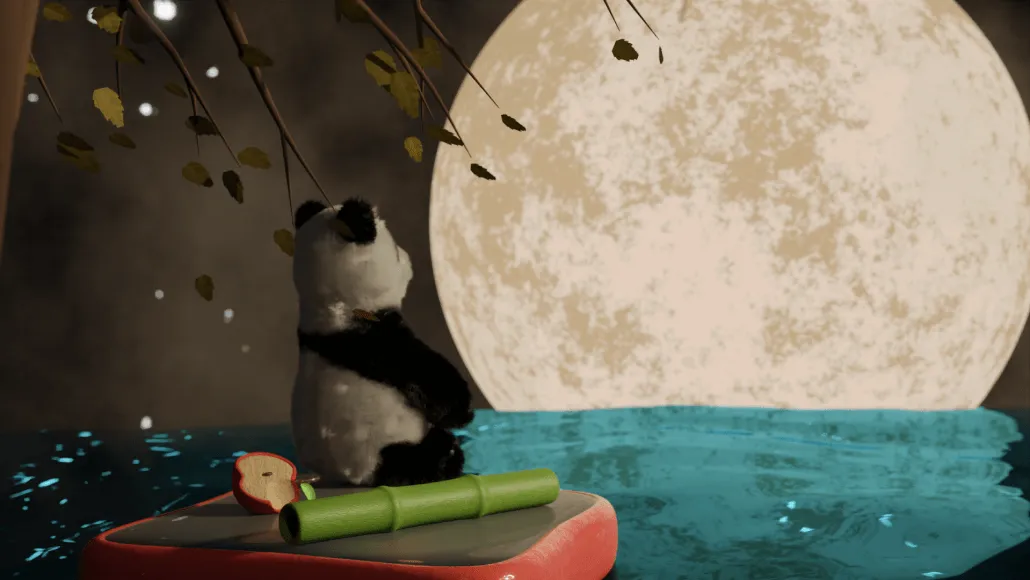 Panda floating under the moonlight