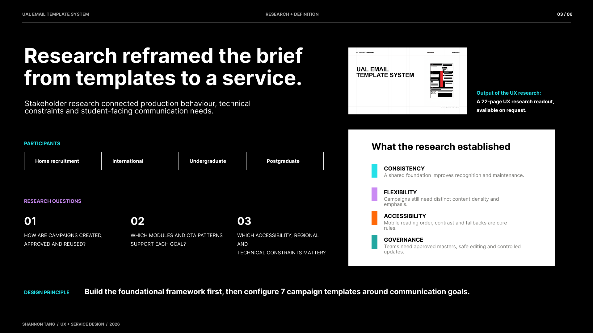 UX research questions, participant groups and design principles for the UAL email service